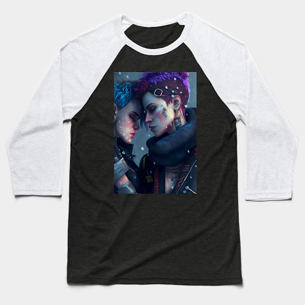 Futuristic Cyberpunk Lesbian Lovers Embrace in Emotional Portrait Baseball T-Shirt by Cyber Punks AI